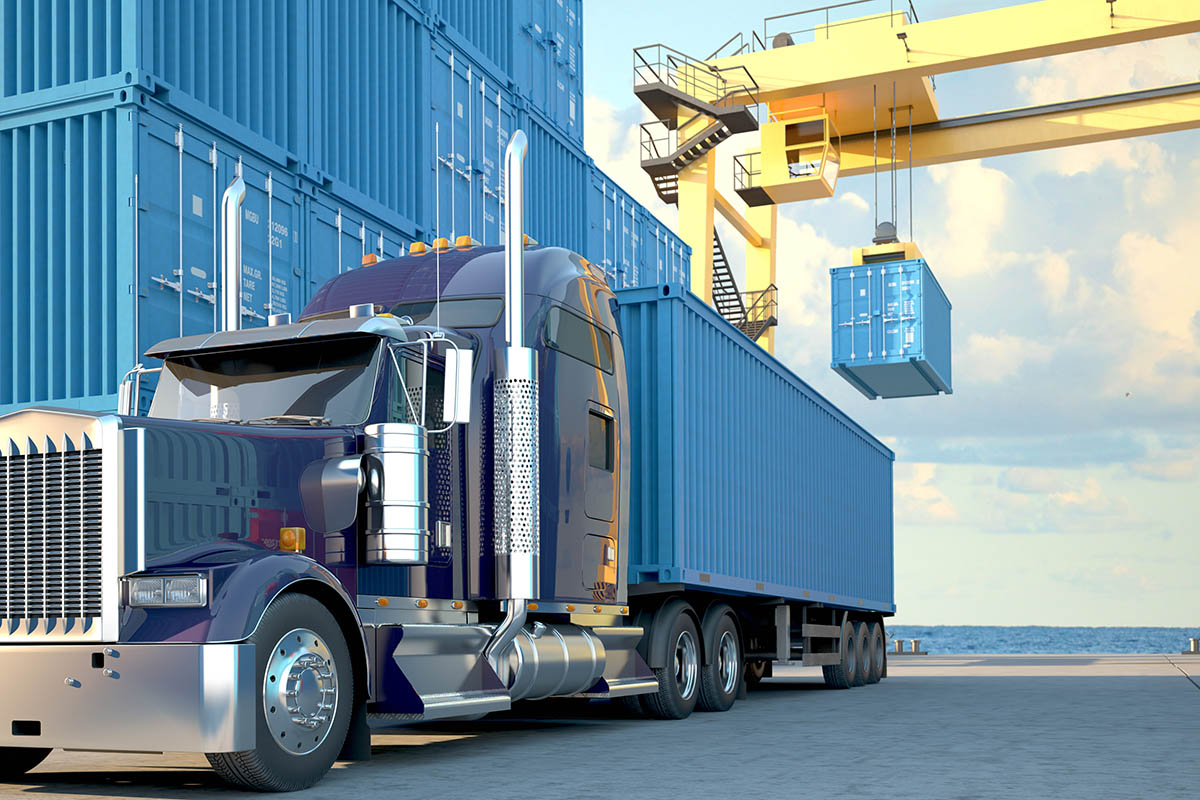 Stapel vrachtcontainers bij de dokken met vrachtwagen.3D-weergave