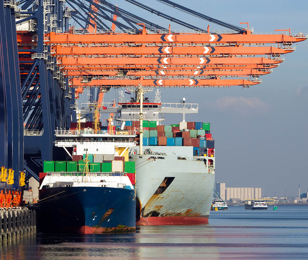 Container ships docked in the Port of Rotterdam, The Netherlands.